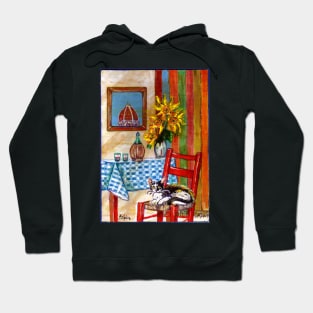 RUSTIC ITALIAN KITCHEN IN FLORENCE Cat,Sunflowers and Wine Hoodie